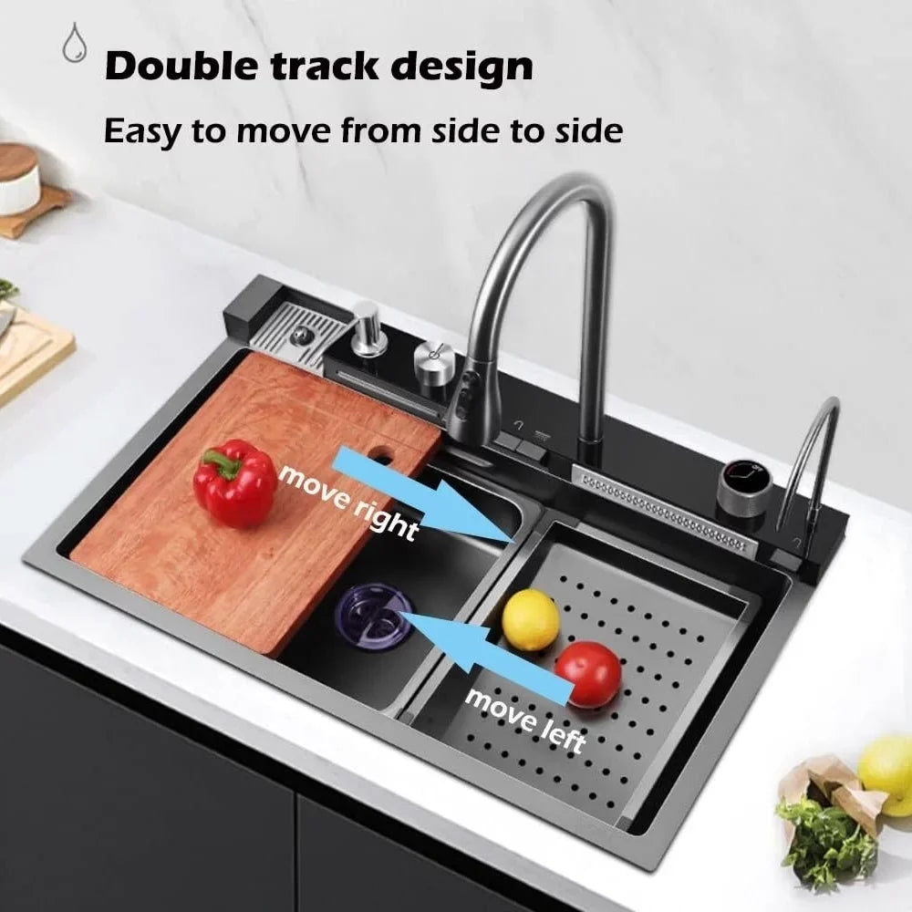 Rain Nano Set Sink Black Flying with Pull-Out 29.5 INCH SinkIntegrated Household Tap Waterfall Sink