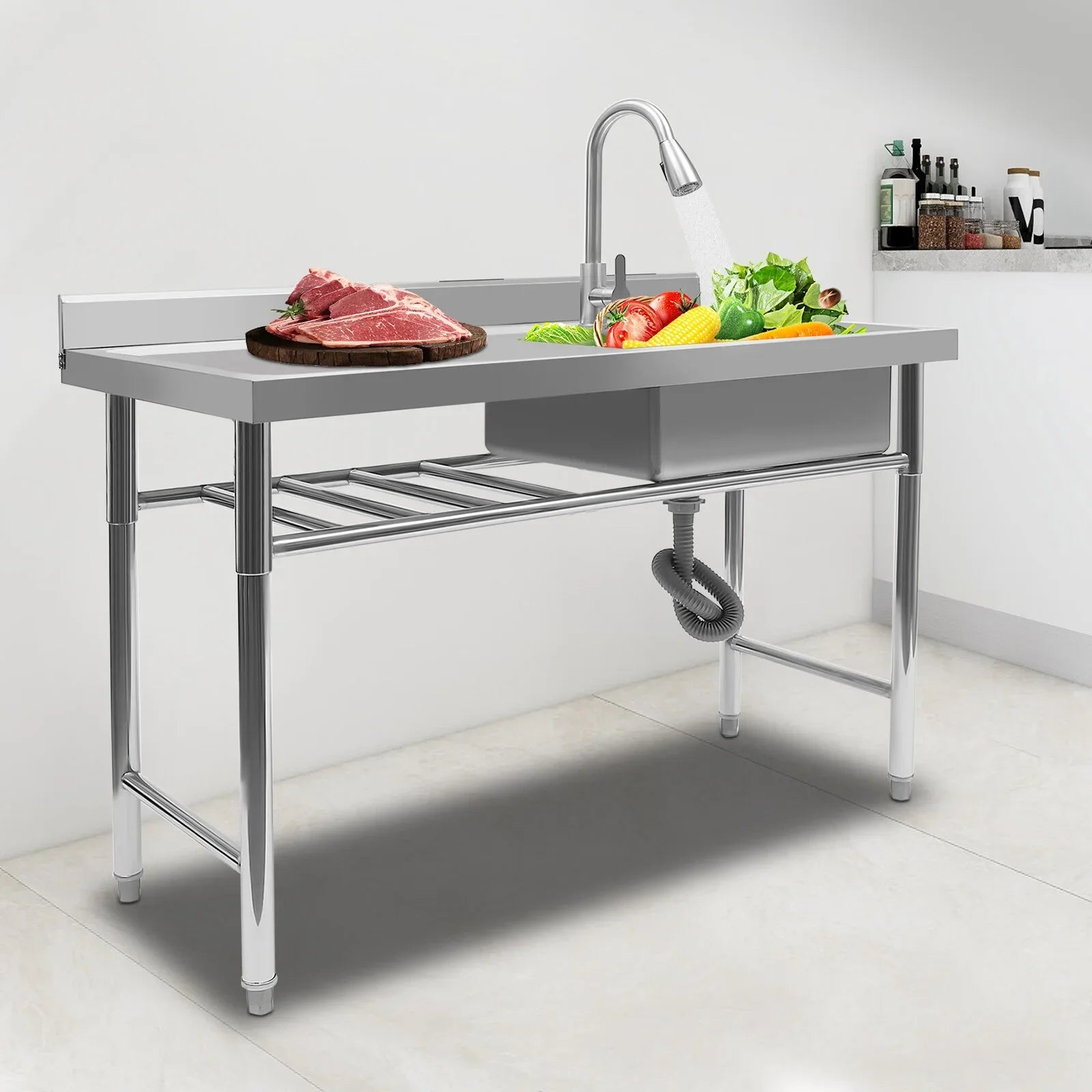 Freestanding Restaurant Washing & w/Catering Stainless Pull-Out Faucet Steel Compartment Kitchen Sink, Table Prep & 1 Basin Sink Utility Commercial Drainpipe Hand Aiqidi 47"