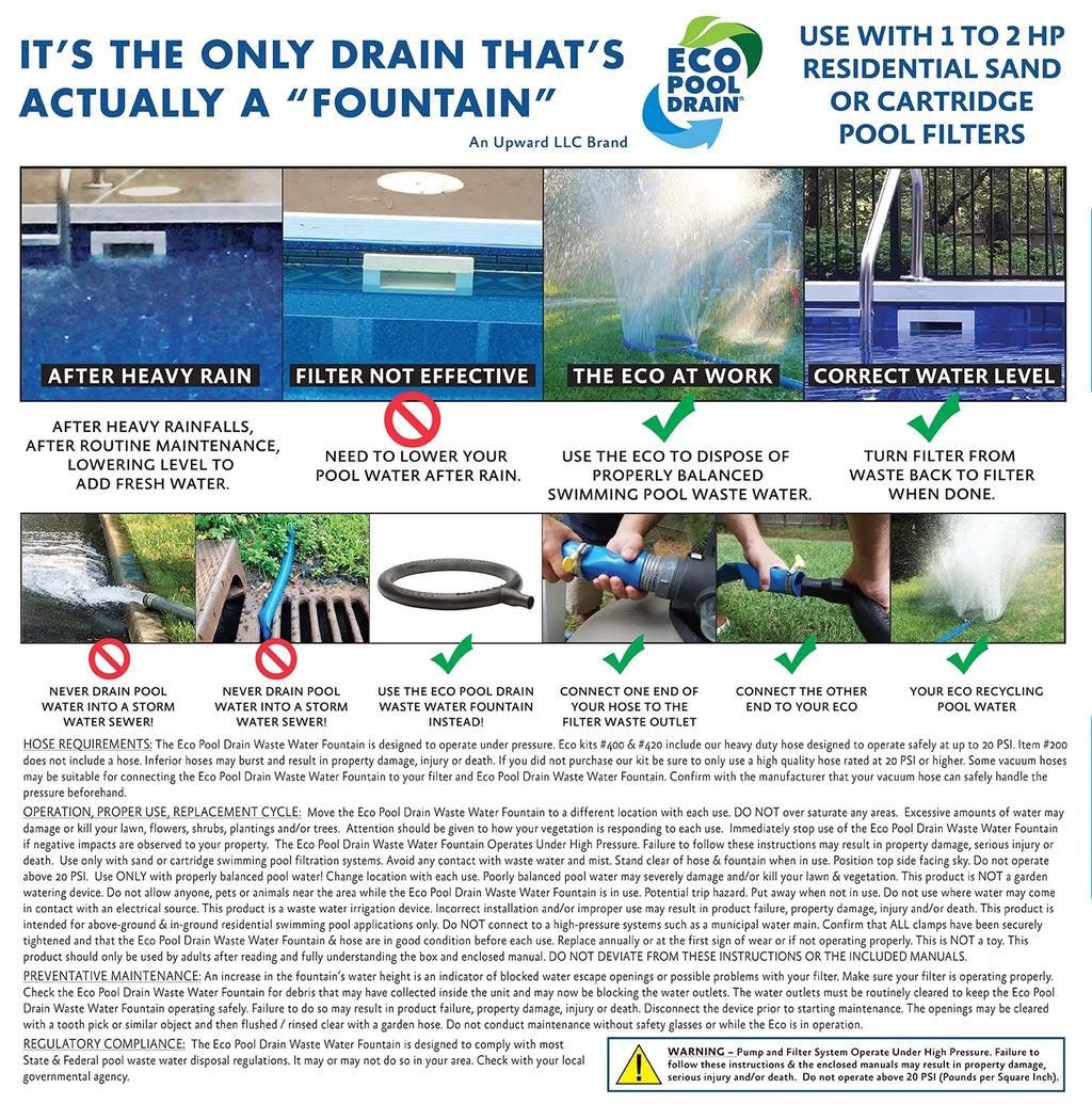 Pool Sand Fountain #200 Eco Pools Swimming Filtered Water & for Waste Cartridge Drain