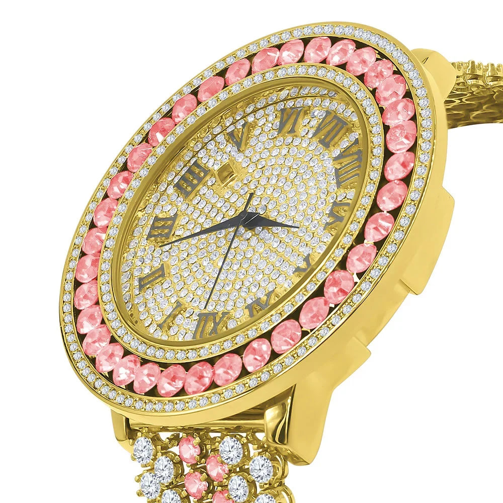 Big Diamond Watch Mens Numeral Roman Size Pink Jo Gold Dial Face Custom Band Adjustable Tourmaline Simulated Tone Rodeo
