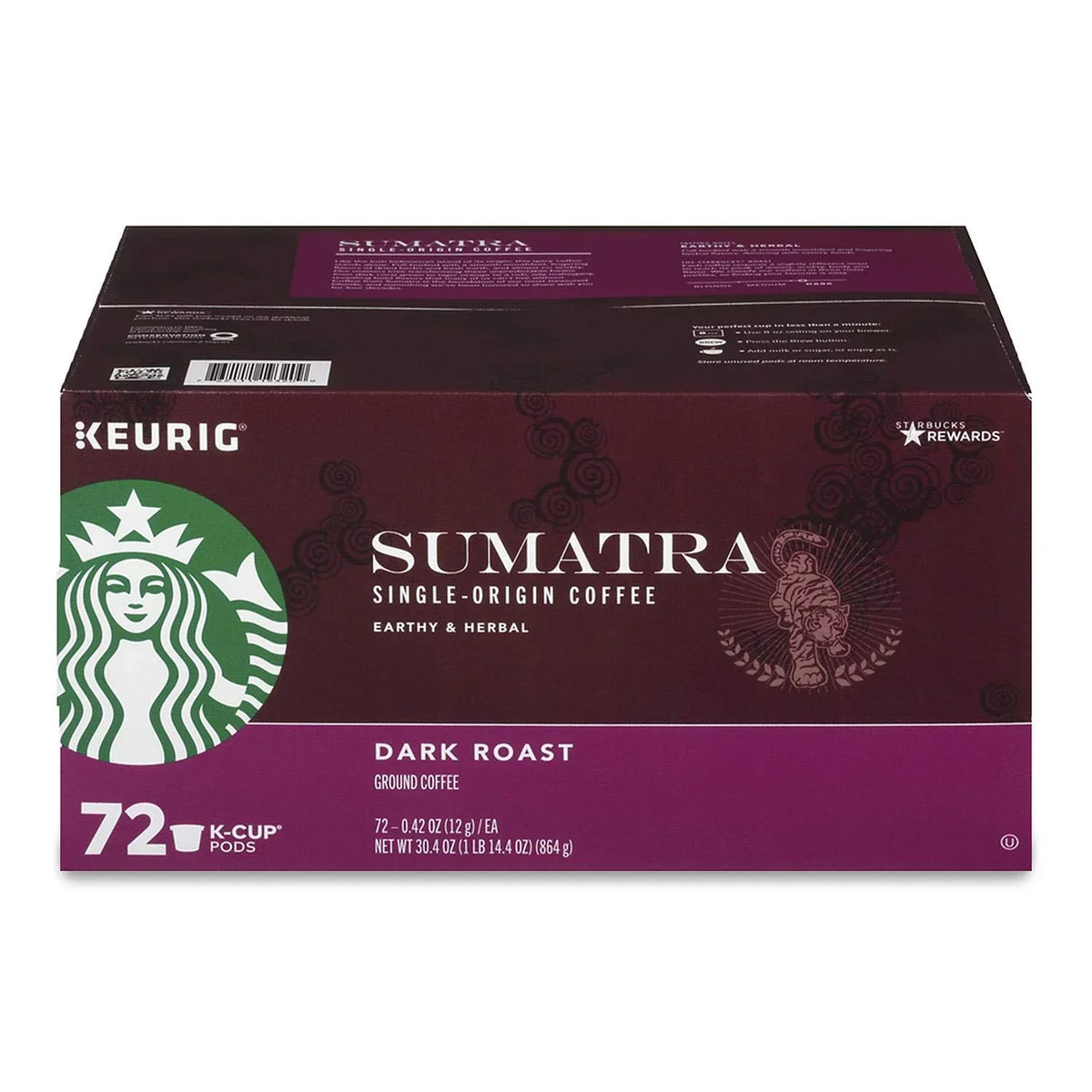 Count 72 Sumatra Starbucks Coffee K-Cup Pods,